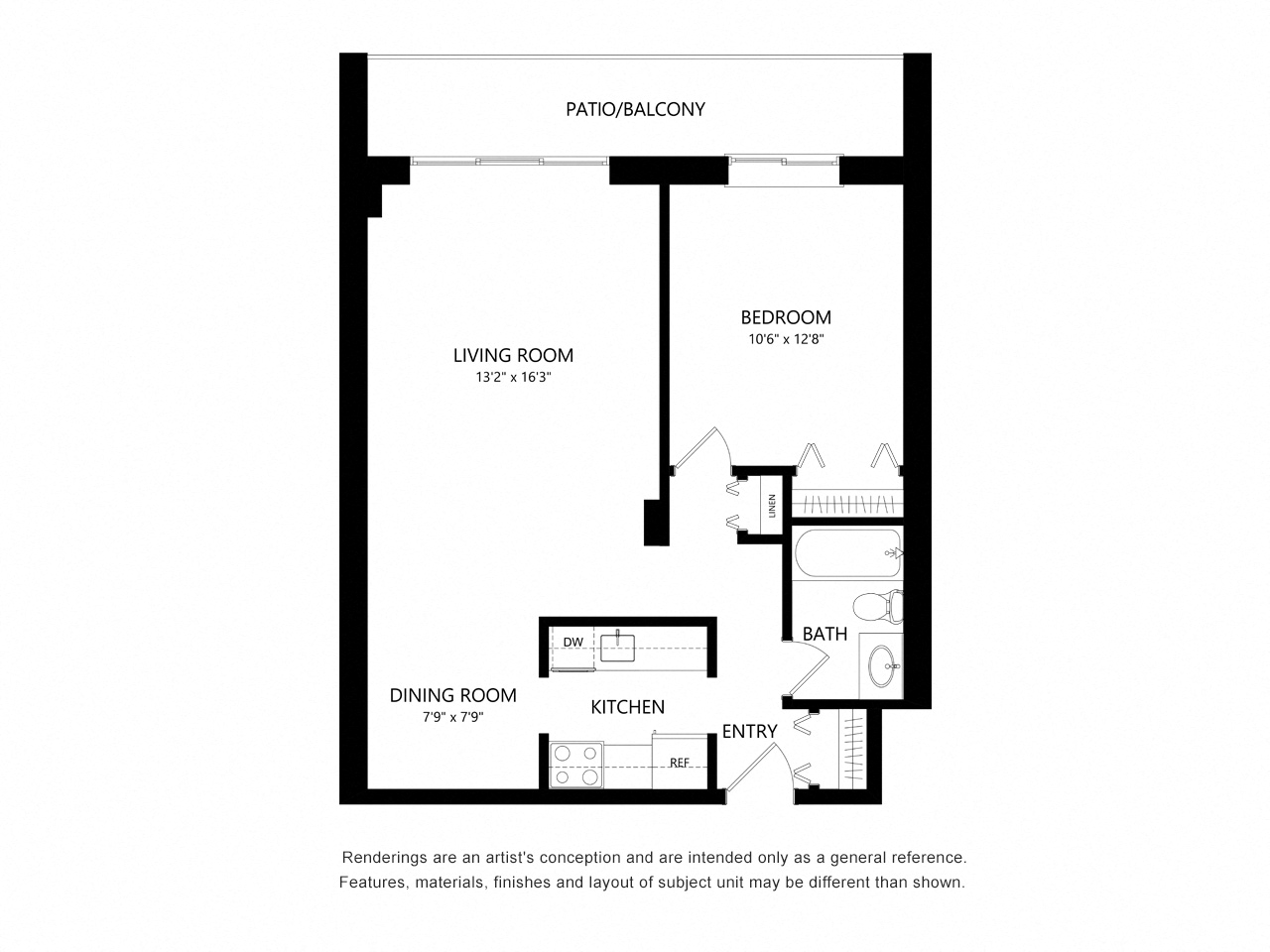 Floor plan for 1 bed, 1 bath, 634 sqft