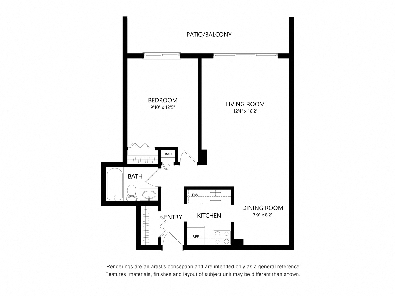 Floor plan for 1 bed, 1 bath, 647 sqft