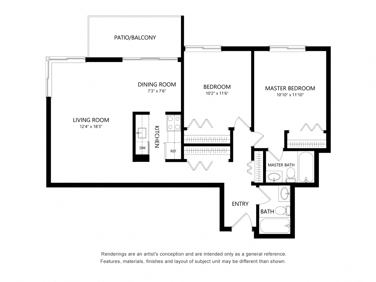 Floor plan for 2 beds, 2 baths, 979 sqft