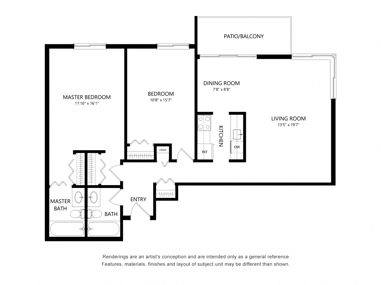 Floor plan for 2 beds, 2 baths, 966 sqft