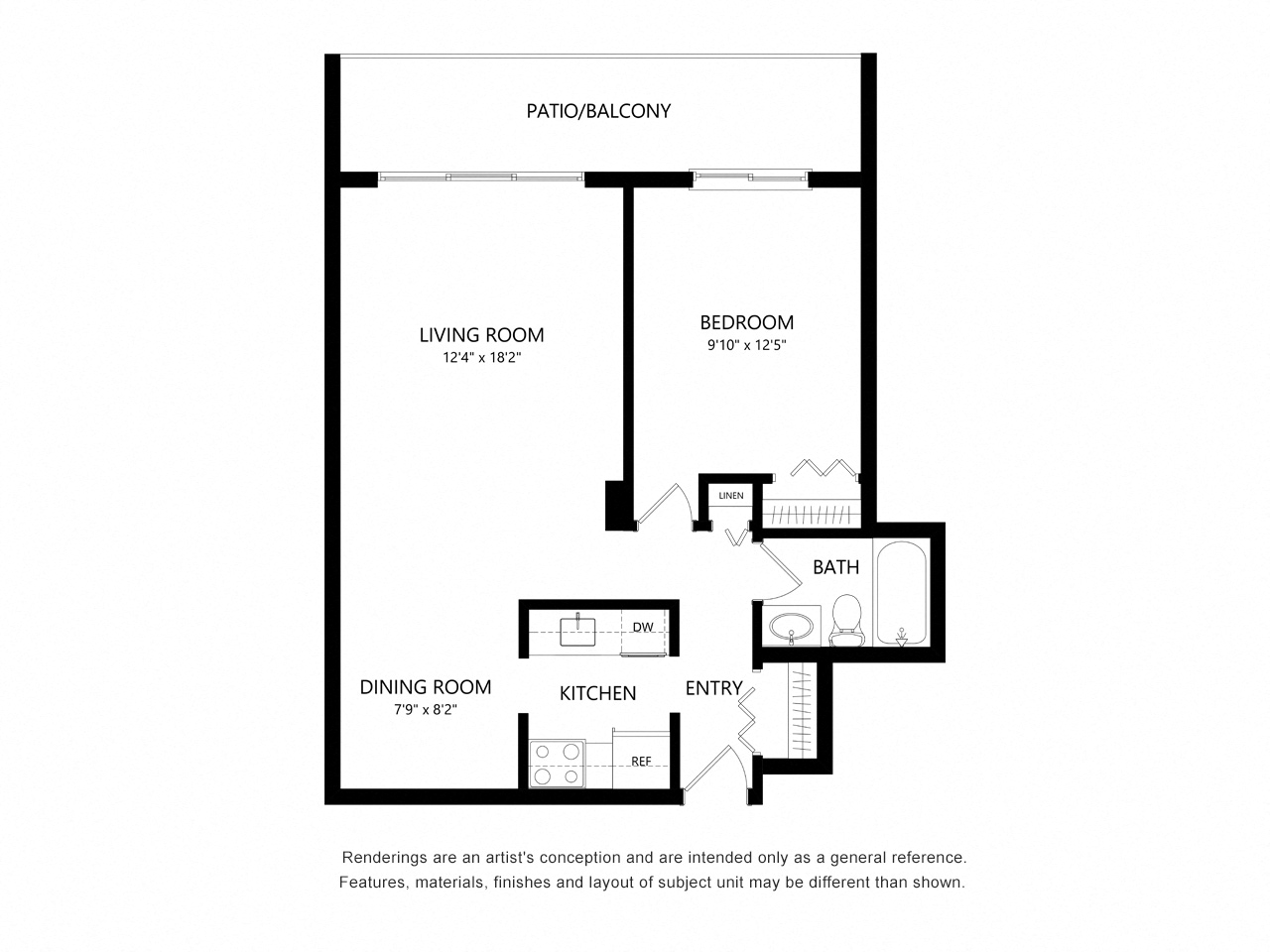 Floor plan for 1 bed, 1 bath, 647 sqft