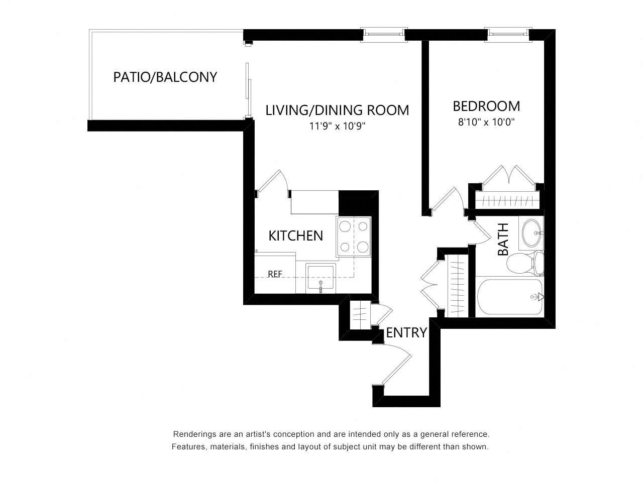 Floor plan for 1 bed, 1 bath, 452 sqft