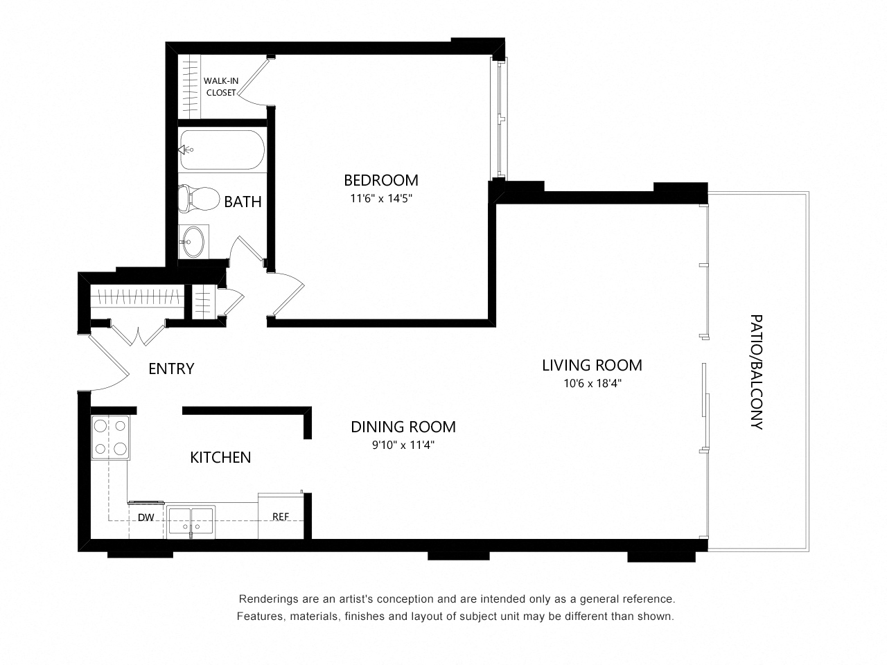Floor plan for 1 bed, 1 bath, 750 sqft
