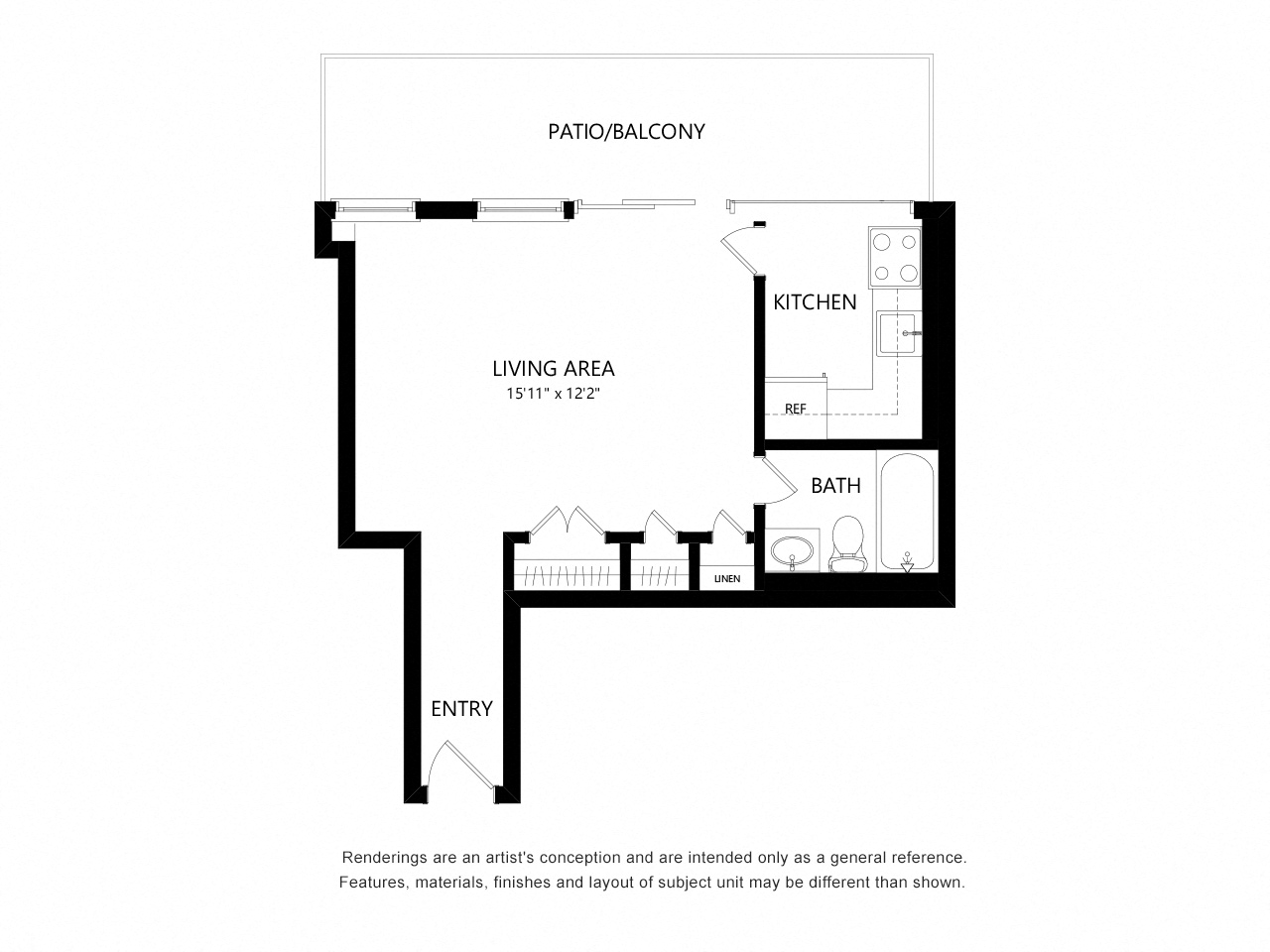 Floor plan for studio, 1 bath, 402 sqft