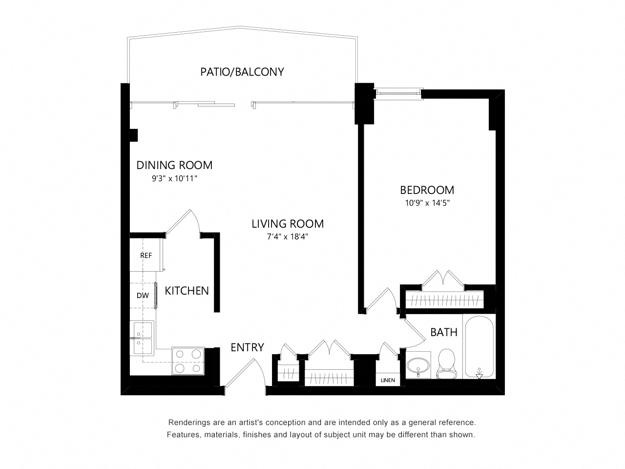 Floor plan for 1 bed, 1 bath, 835 sqft
