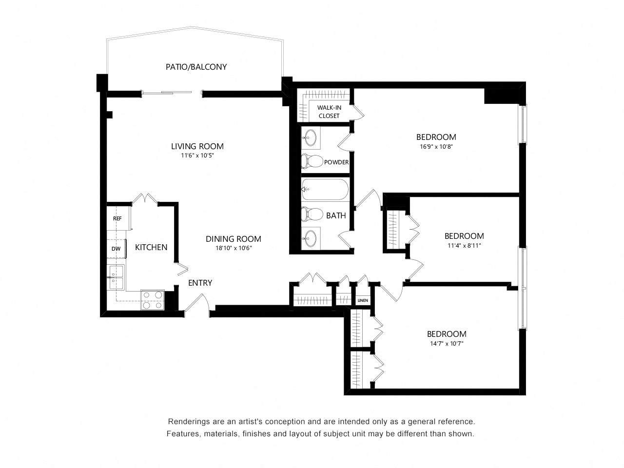 Floor plan for 3 beds, 1.5 baths, 1137 sqft