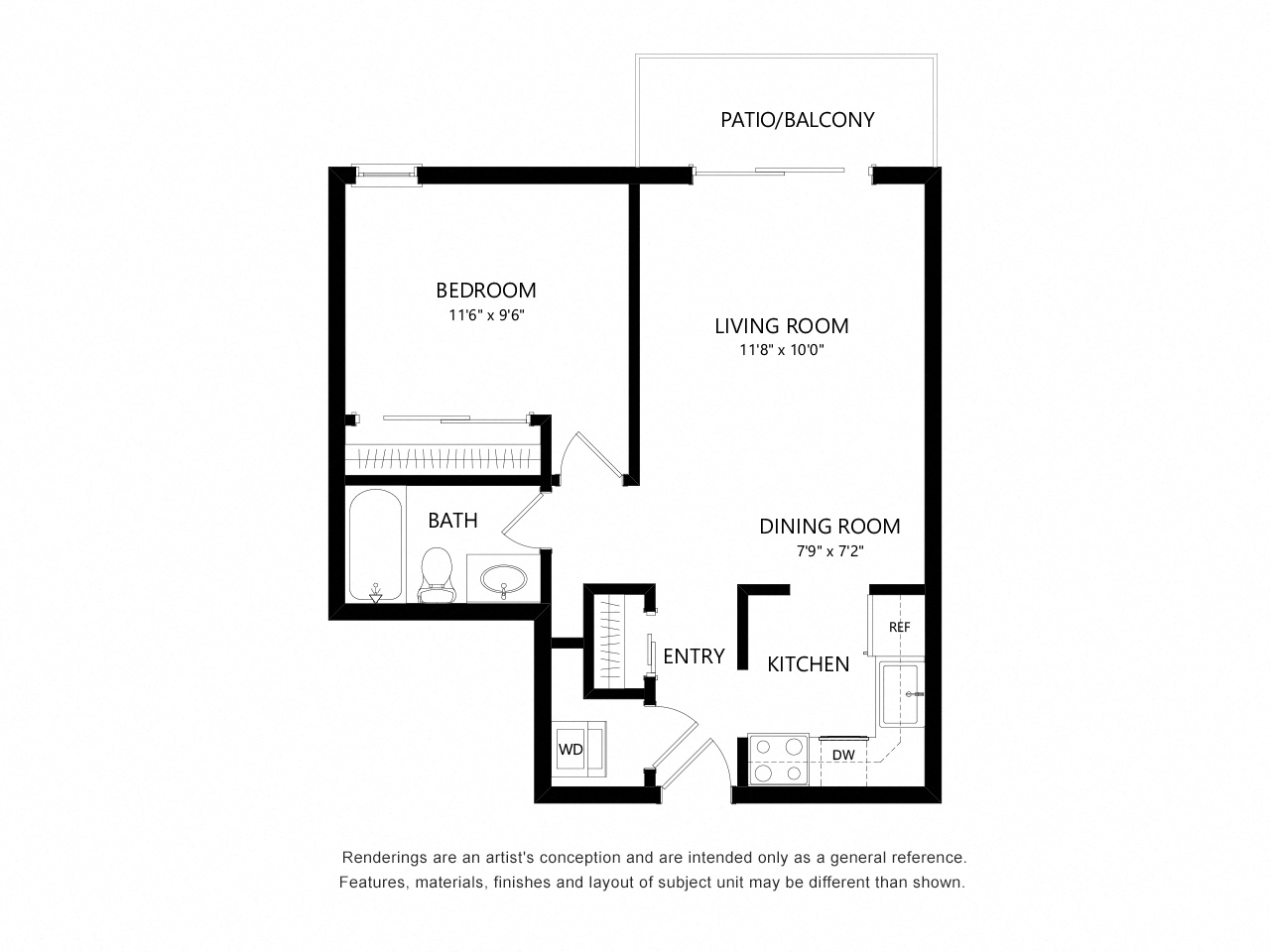 Floor plan for 1 bed, 1 bath, 545 sqft