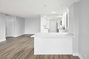 Toronto apartment for rent - an open kitchen and living room with a white counter top