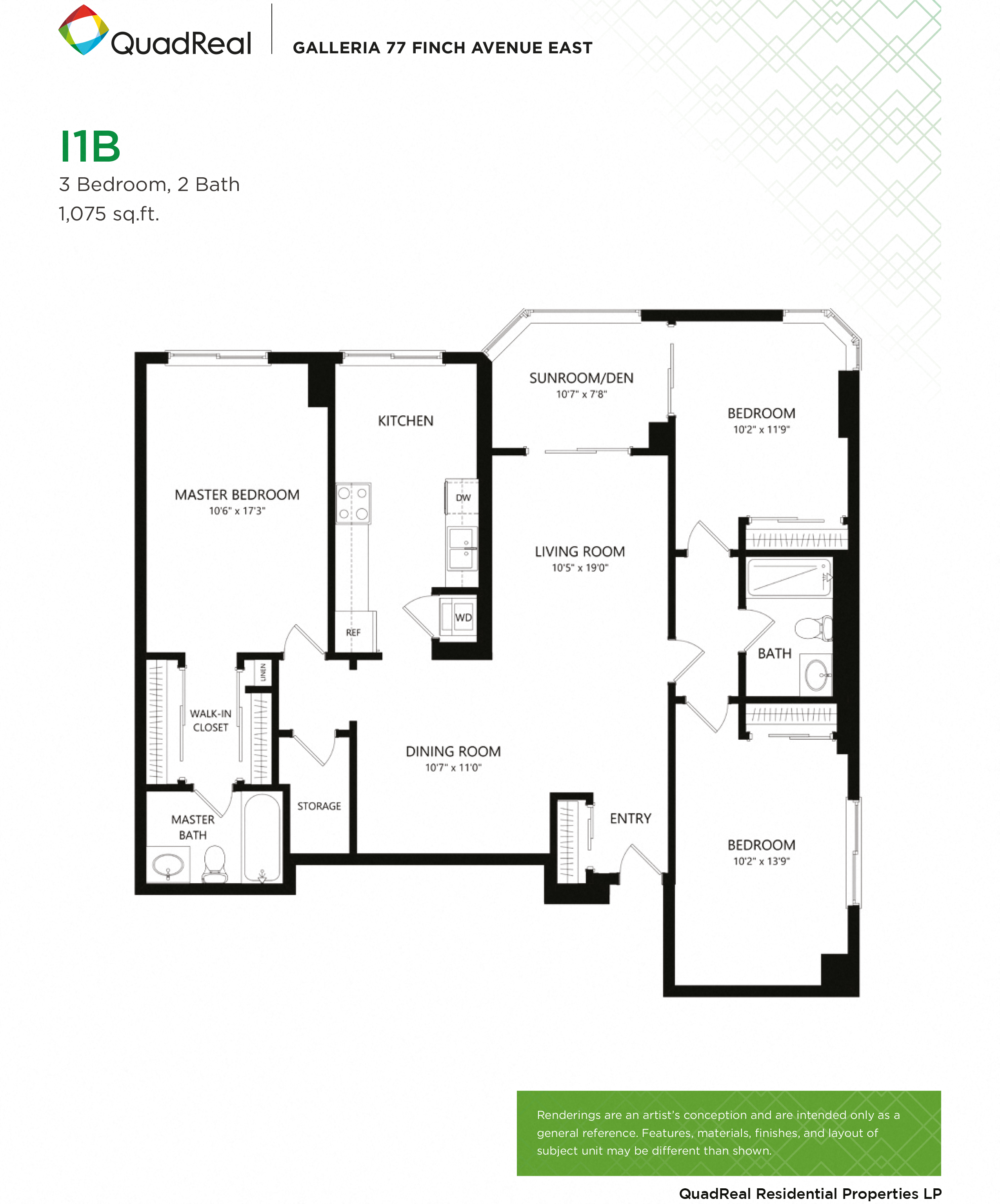 Floor plan for 3 beds, 2 baths, 1075 sqft