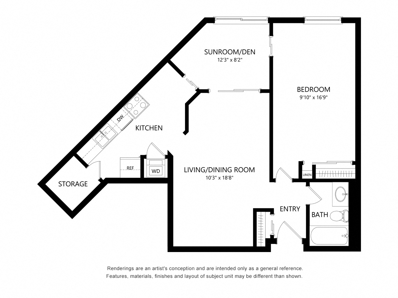 Floor plan for 1 bed, 1 bath, 600 sqft