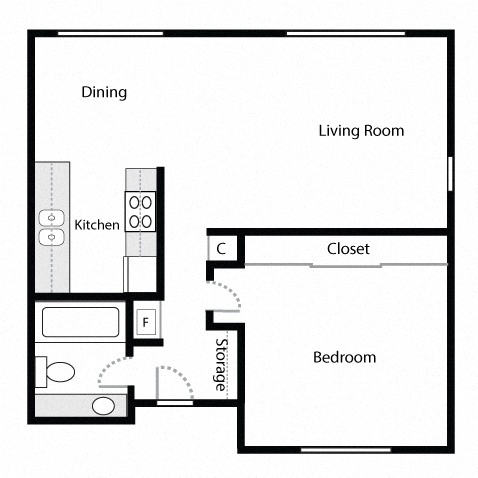 Floor plan for 1 bed, 1 bath, 620 sqft