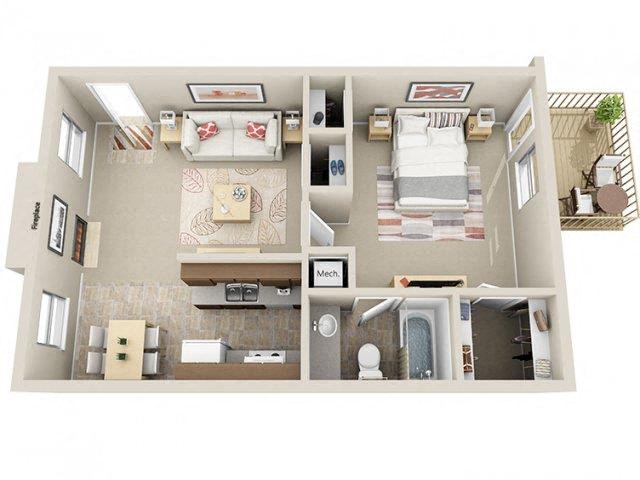 Floor plan for 1 bed, 1 bath, 600 sqft