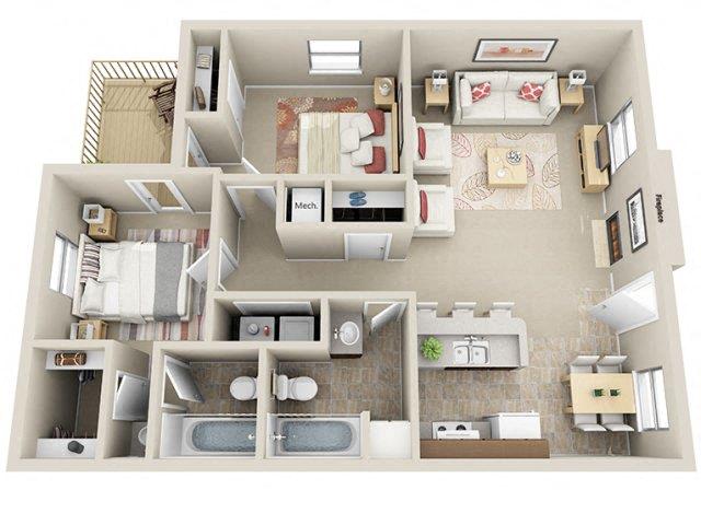 Floor plan for 2 beds, 2 baths, 885 sqft