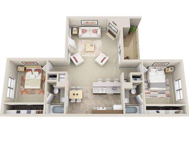 Floor plan for 2 beds, 2 baths, 904 sqft