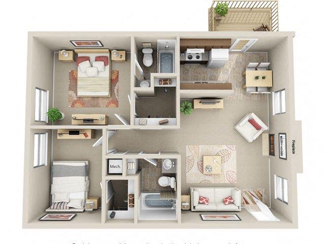 Floor plan for 2 beds, 2 baths, 828 sqft