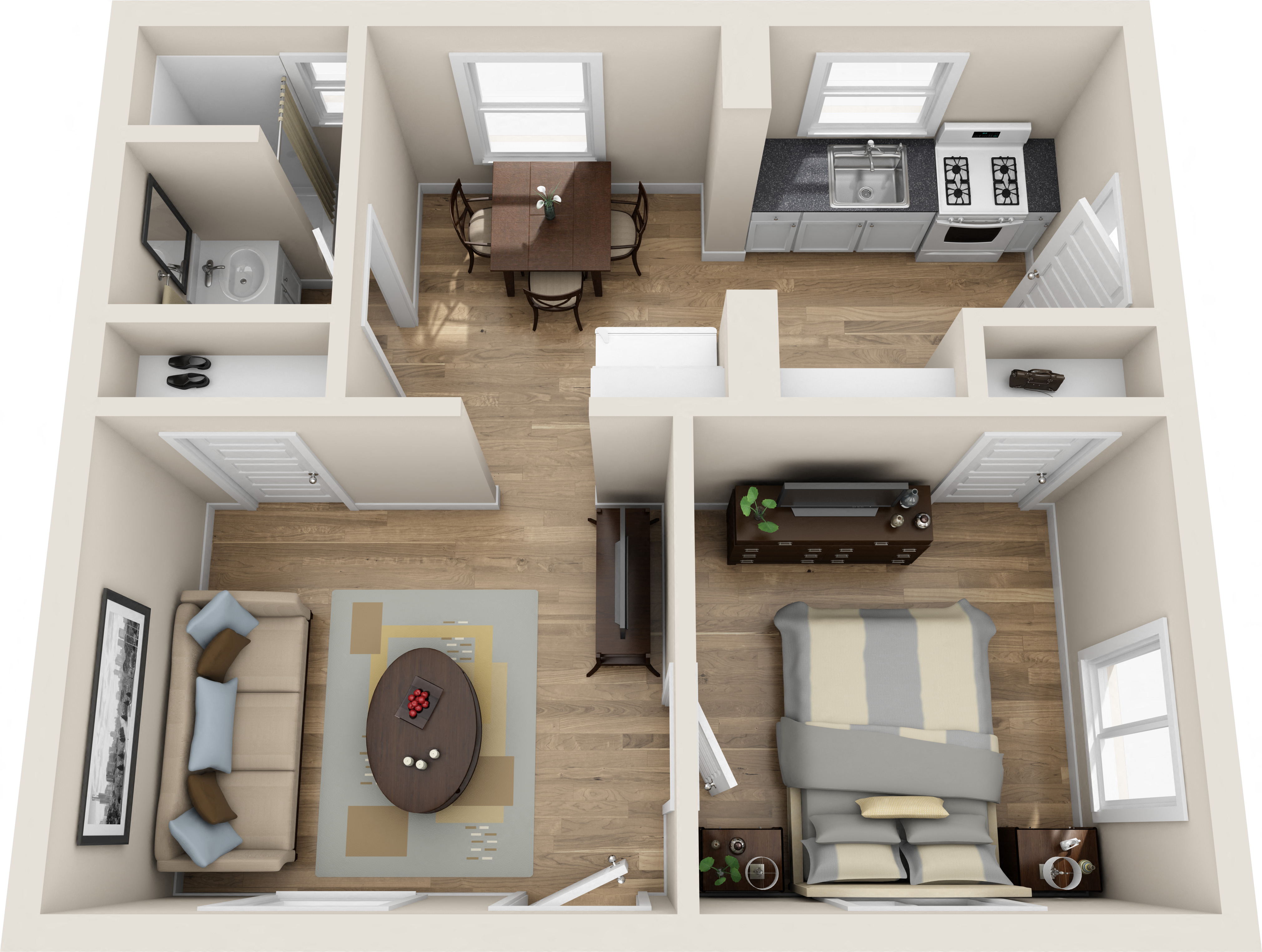 Floor plan for 1 bed, 1 bath, 418 sqft