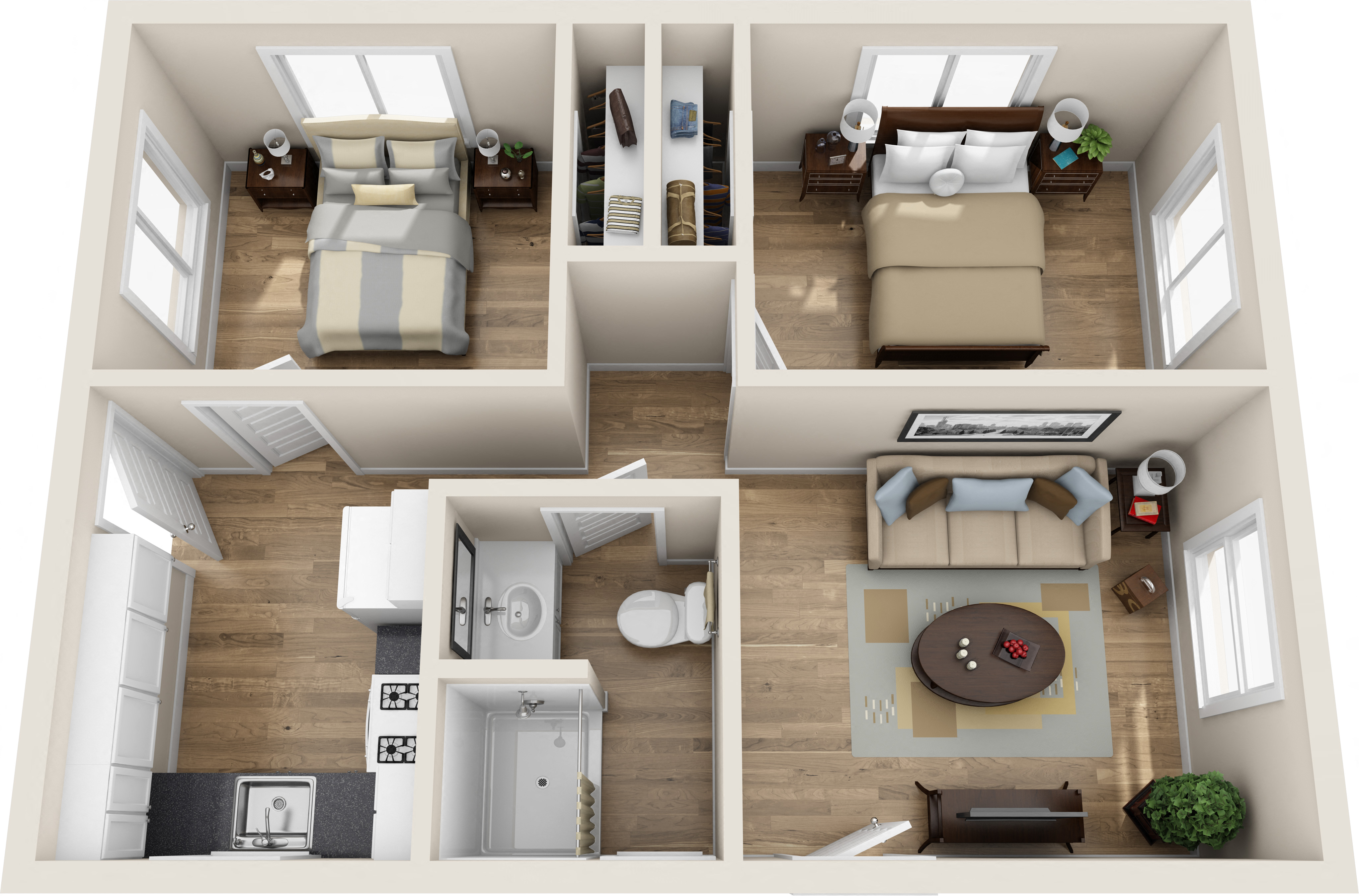 Floor plan for 2 beds, 1 bath, 609 sqft