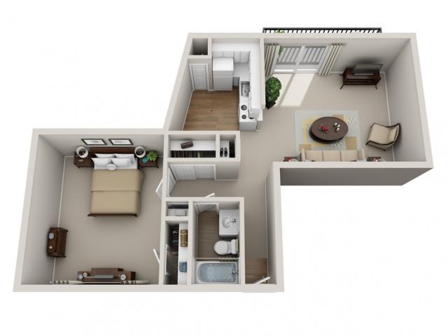 Floor plan for 1 bed, 1 bath, 748 sqft