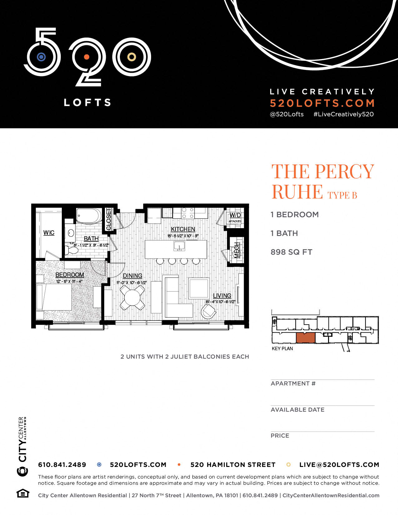 Floor plan for 1 bed, 1 bath, 898 sqft