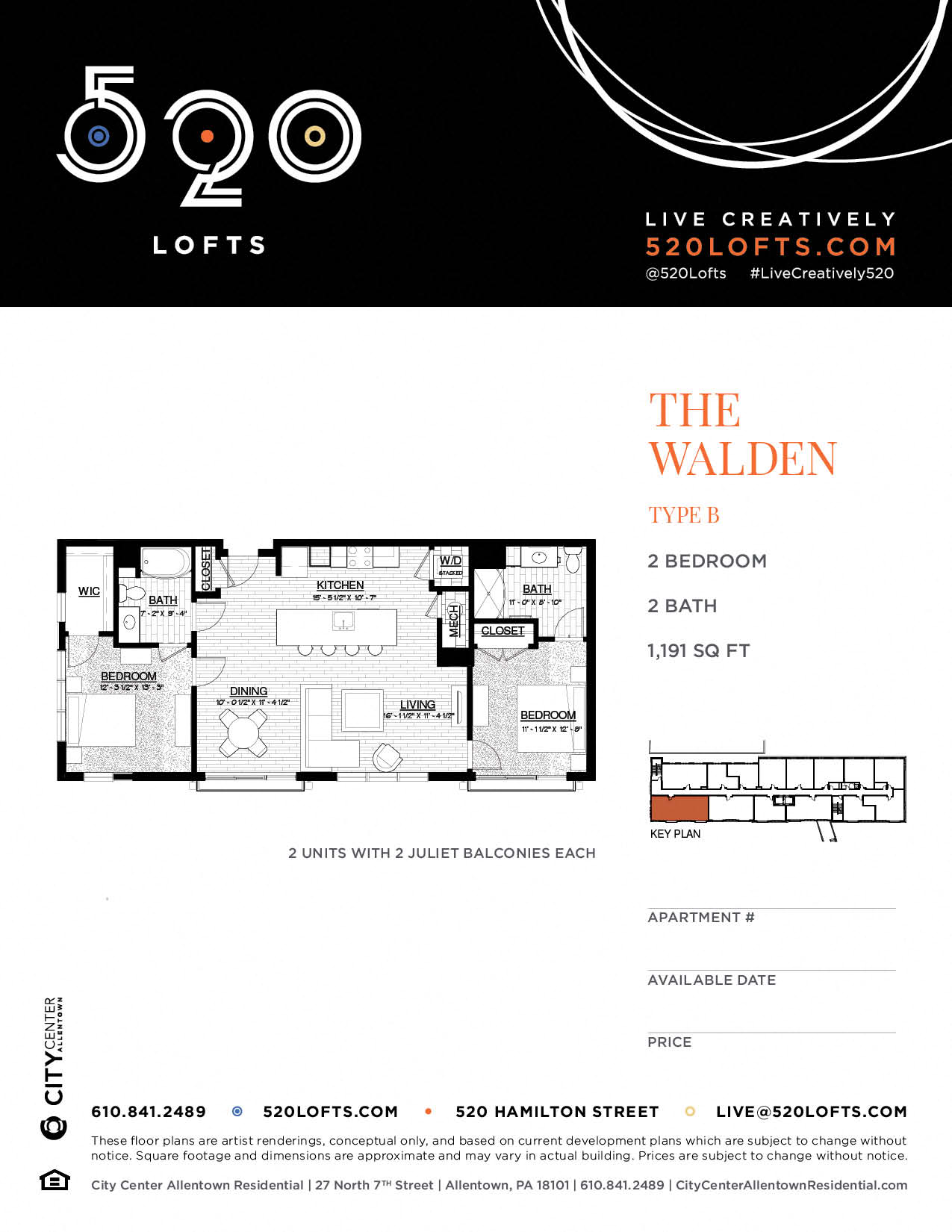 Floor plan for 2 beds, 2 baths, 1191 sqft