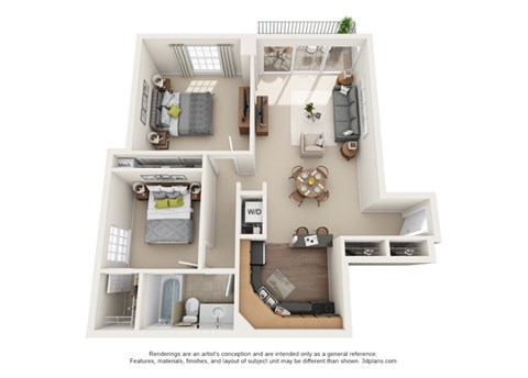 Floor plan for 2 beds, 1 bath, 848 sqft