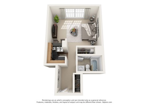 Floor plan for studio, 1 bath, 382 sqft