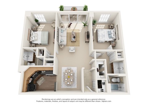 Floor plan for 2 beds, 2 baths, 1018 sqft