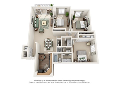 Floor plan for 3 beds, 2 baths, 1241 sqft
