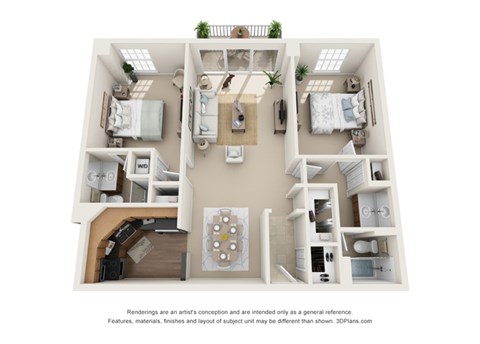 Floor plan for 2 beds, 2 baths, 1018 sqft