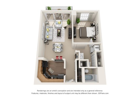 Floor plan for 1 bed, 1 bath, 696 sqft