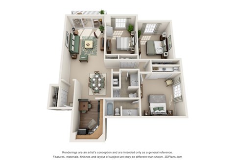 Floor plan for 3 beds, 2 baths, 1241 sqft
