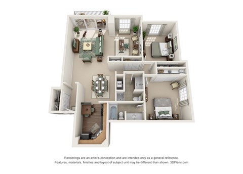 Floor plan for 2 beds, 2 baths, 1241 sqft