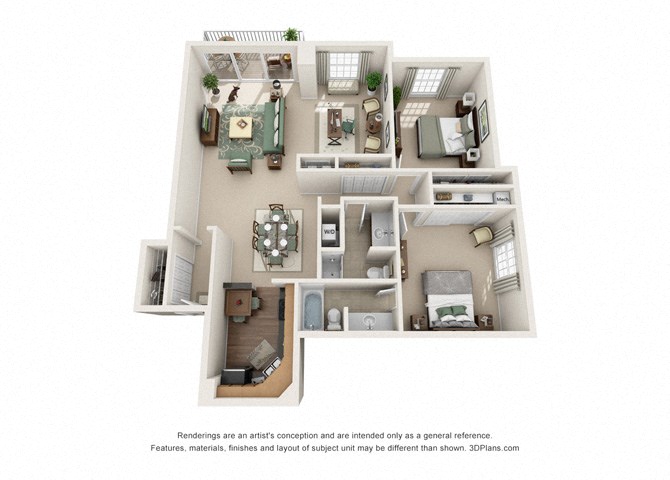 Floor plan for 2 beds, 2 baths, 1241 sqft
