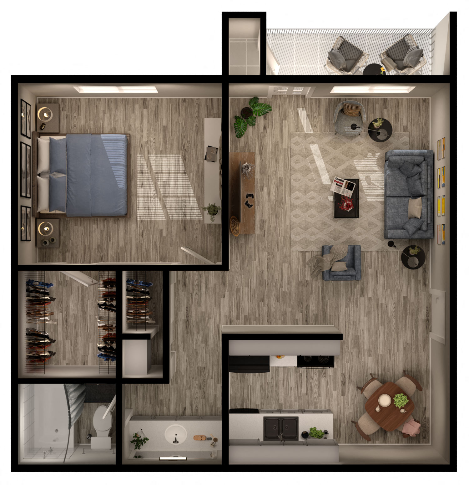 Floor plan for 1 bed, 1 bath, 528 sqft