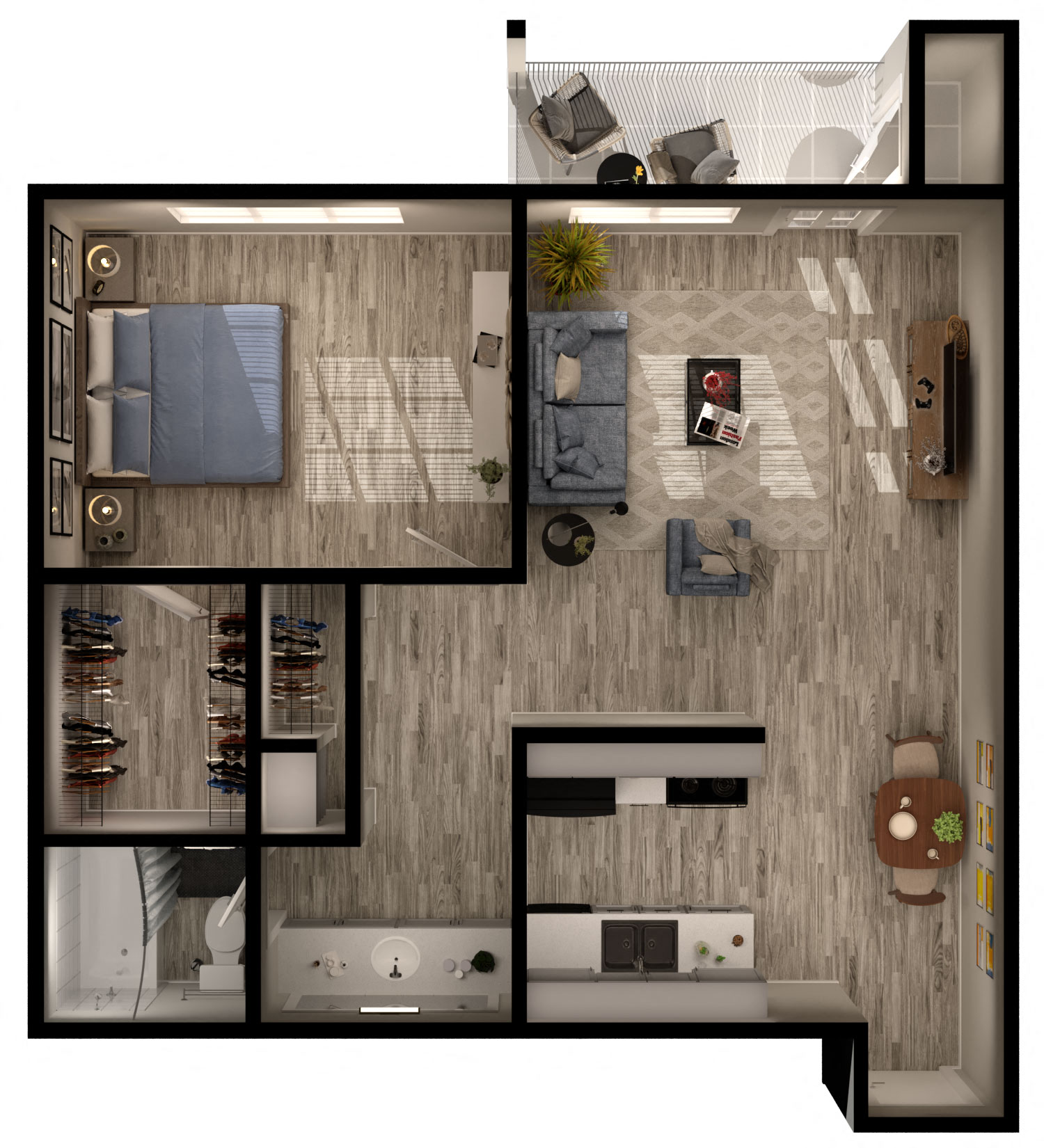 Floor plan for 1 bed, 1 bath, 604 sqft