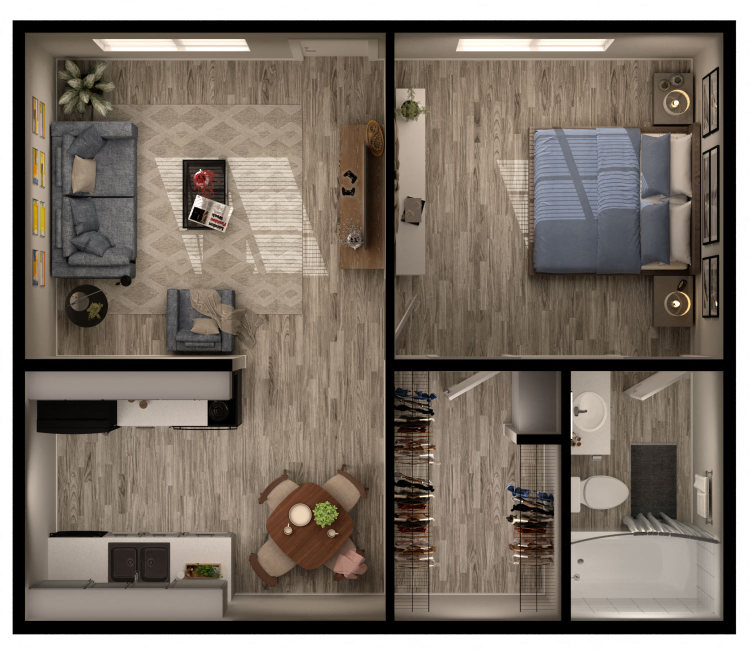 Floor plan for 1 bed, 1 bath, 414 sqft