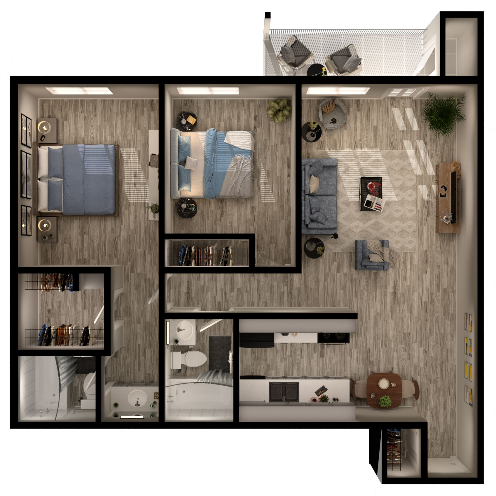 Floor plan for 2 beds, 2 baths, 868 sqft