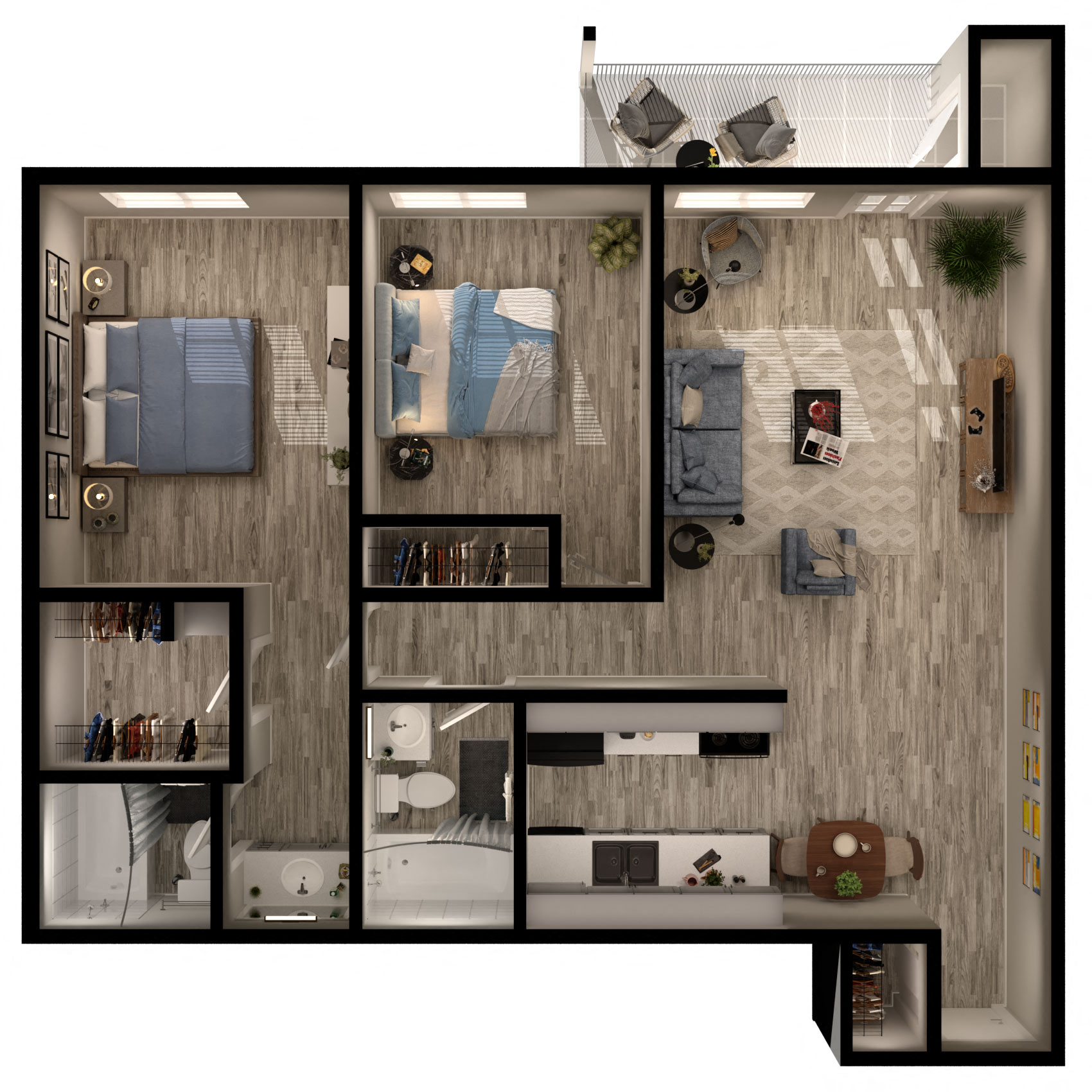 Floor plan for 2 beds, 2 baths, 868 sqft