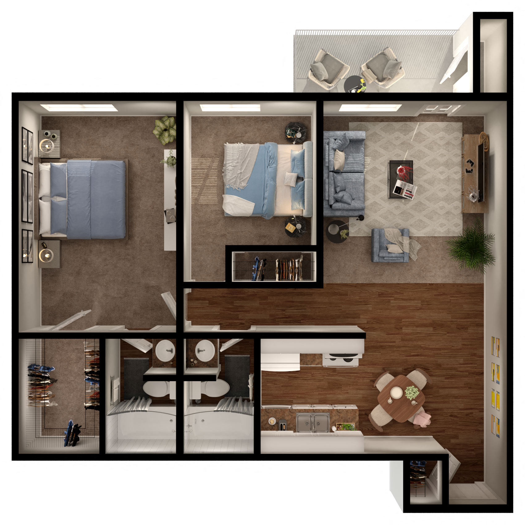 Floor plan for 2 beds, 2 baths, 868 sqft