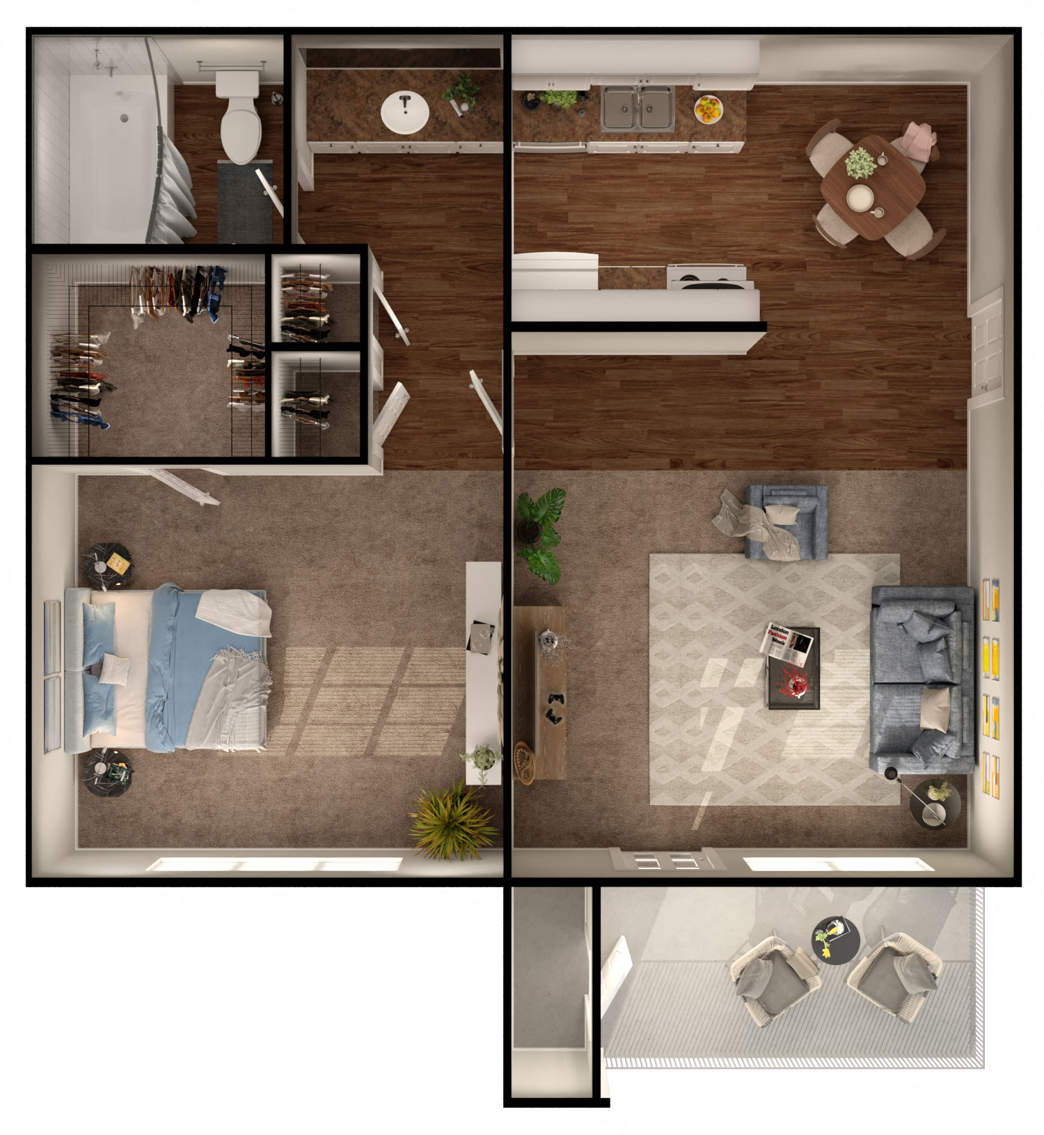 Floor plan for 1 bed, 1 bath, 604 sqft