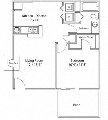 Floor plan for 1 bed, 1 bath, 600 sqft