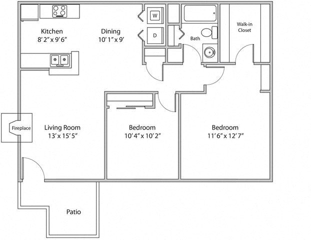 Floor plan for 2 beds, 1 bath, 900 sqft