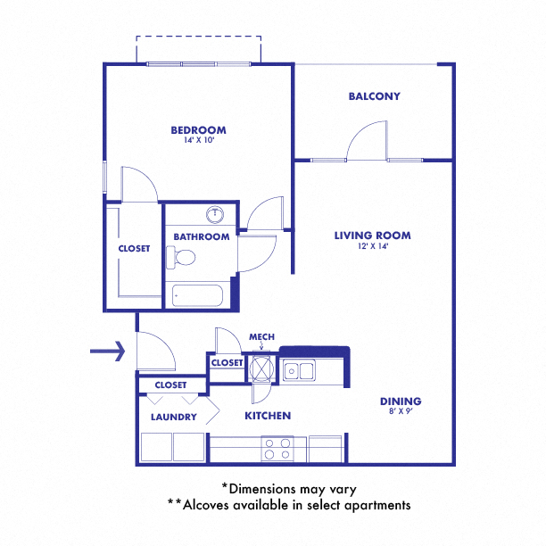 Floor plan for 1 bed, 1 bath, 708 sqft