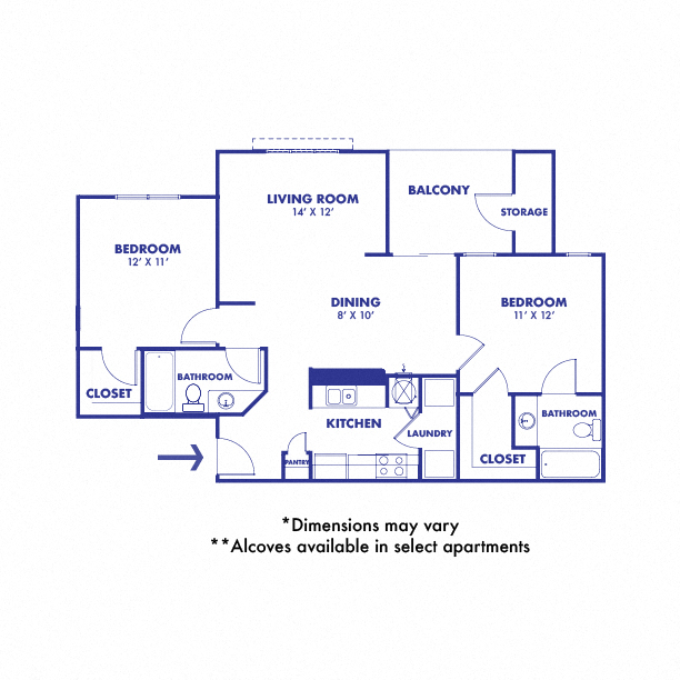 Floor plan for 2 beds, 2 baths, 881 sqft