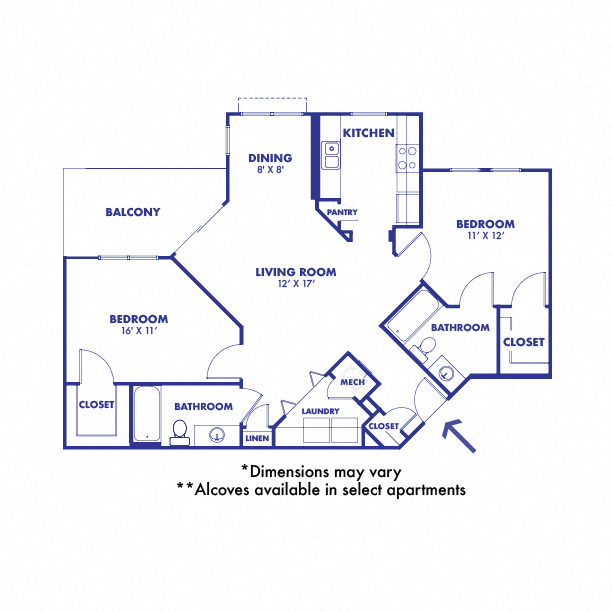 Floor plan for 2 beds, 2 baths, 967 sqft