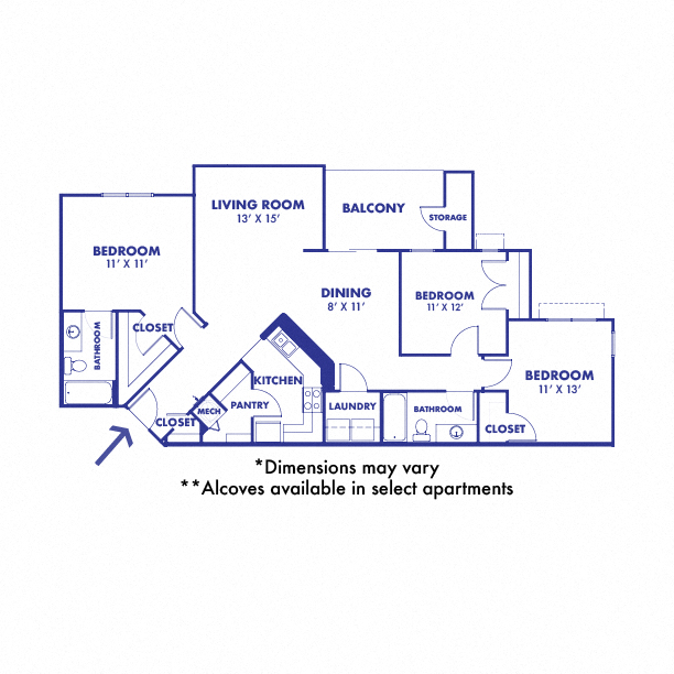 Floor plan for 3 beds, 2 baths, 1206 sqft