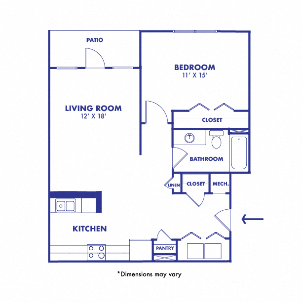 Floor plan for 1 bed, 1 bath, 733 sqft