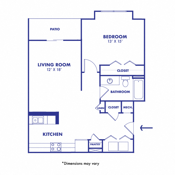 Floor plan for 1 bed, 1 bath, 749 sqft