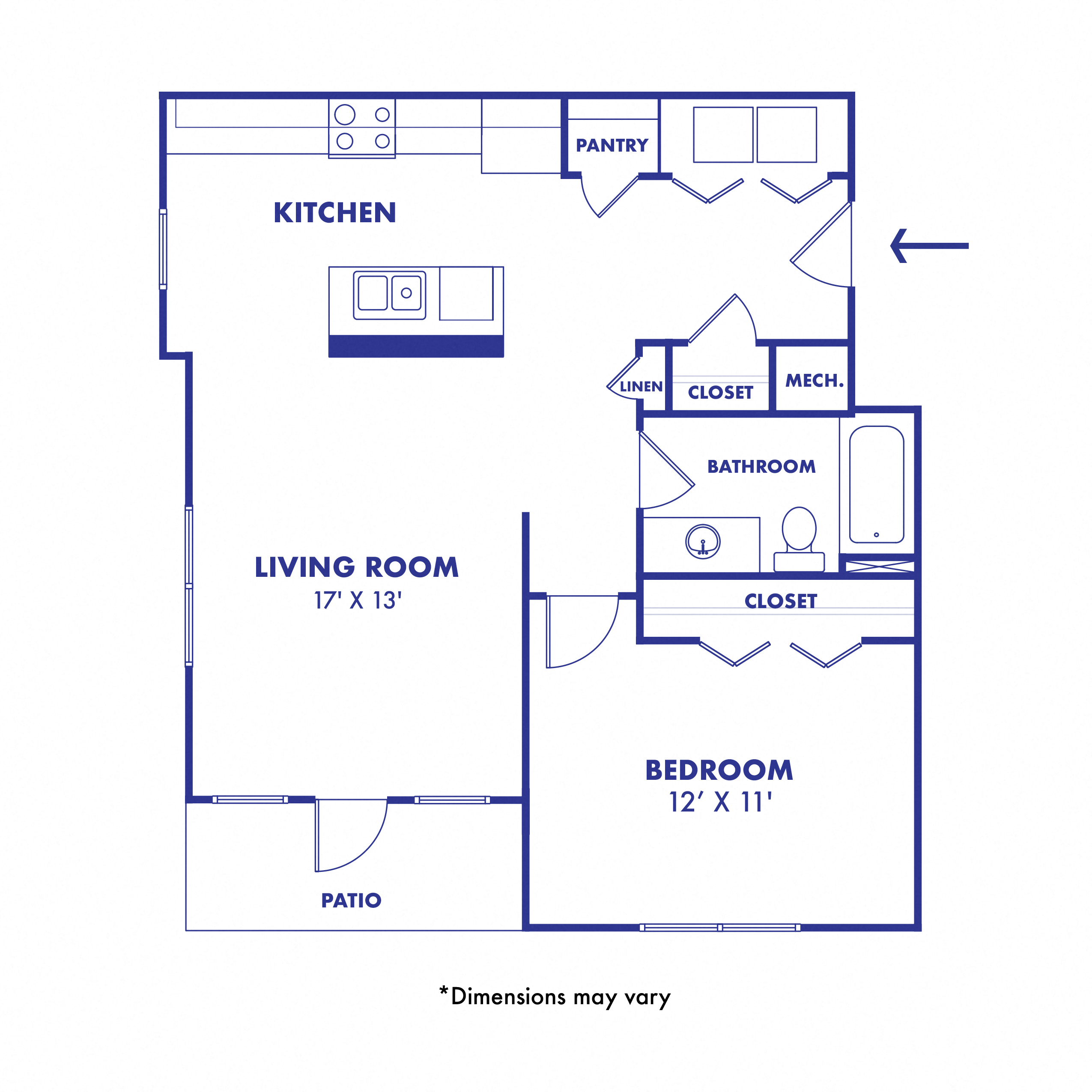 Floor plan for 1 bed, 1 bath, 742 sqft