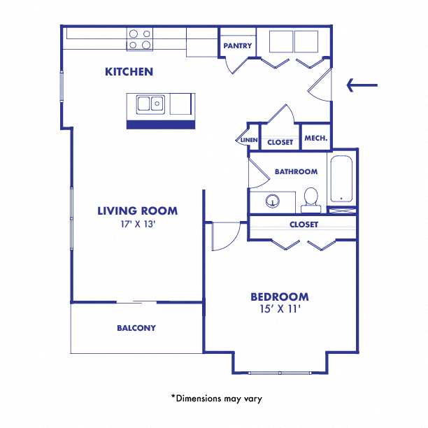 Floor plan for 1 bed, 1 bath, 759 sqft